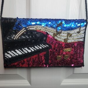 Vintage Colorful Sequin Piano Music Note Trifold Crossbody Clutch Purse